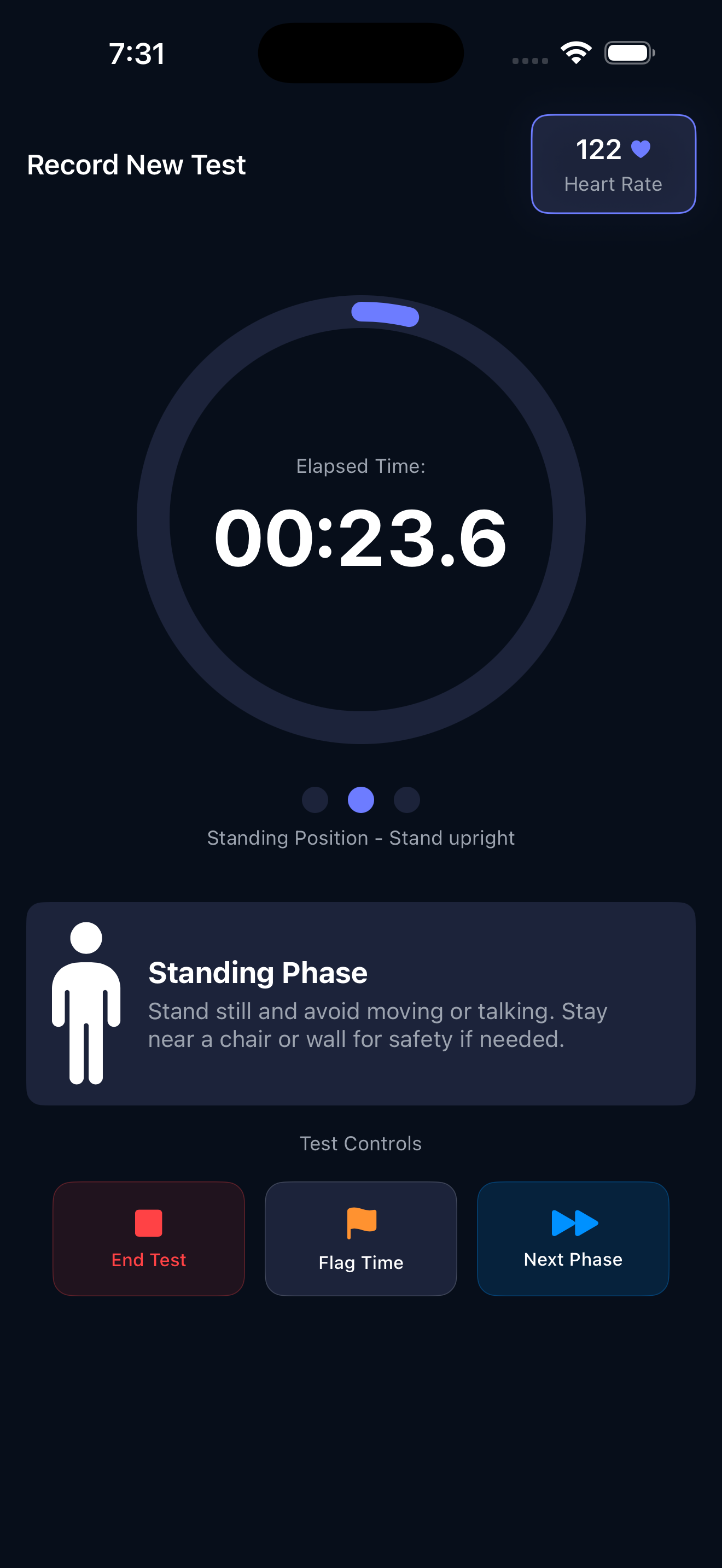 Running a guided stand test with a live timer and heart rate