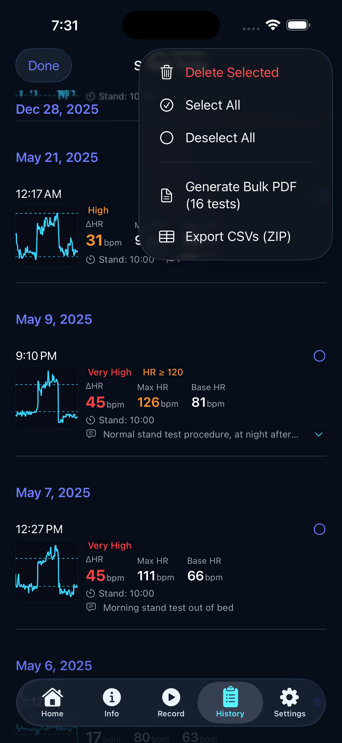 History of past stand tests with bulk export options